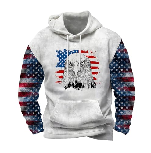 Men's Ethnic Print Sweatshirt American Flag Hoodies Drawstring Drop Shoulder Cowboy Pullover Tops with Pocket