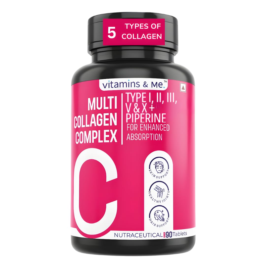 Multi Collagen Tablets for Women & Men – 5 Types of Collagen (I, II, III, V & X) | Skin Glow, Hair, Nails, Bones & Joint Support | Hydrolyzed Peptides + Black Pepper for Absorption – 60 Tabs