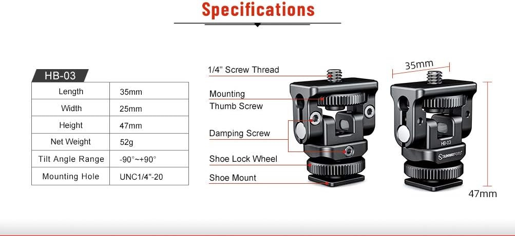 Diagram showing 1/4 inch mounting screw and base 1/4 inch mounting hole
