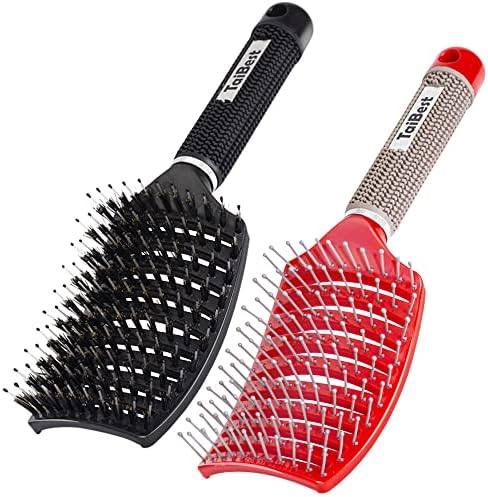 TaiBest Boar Bristle Hair Brush Set - Dry/Wet Hair Brush Detangler for Fine, Thick, Curly Hair - Curved and Vented Hair Brush for Women, Men or Kids (Black & Red)