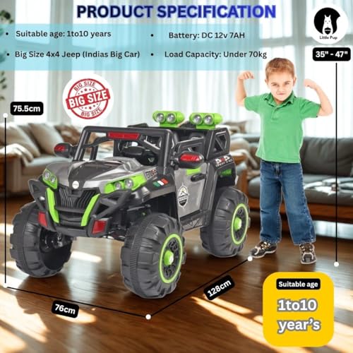 Image of Little Pup Battery Operated 4x4 Big Size 12V Battery Ride On Truck, Jeep for Kids Drive 2 to 10 Years | Motor for Steering | Remote Control | Suspensions | Jumbo Driving Car (Grey Green)