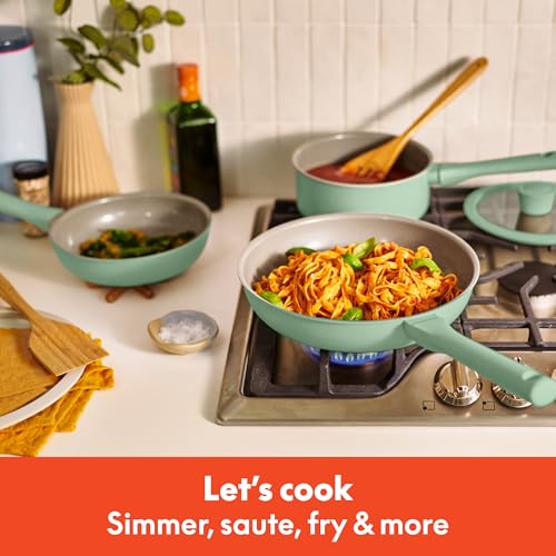 Image of bella 7 Piece Cookware Set with EverGood Ceramic Nonstick Coating, Dishwasher Safe Oven Safe, All Stovetops Compatible, Glass Lids with Silicone Rims, Cool Touch Handles, Seaglass
