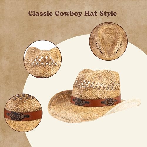 Image of Straw Cowboy Hats Cowgirl Hat Western Cowboy Hat Rancher Hat for Men Women, Exquisite Decoration Band