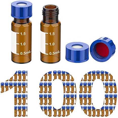 Membrane Solutions Autosampler Vials, 2ml HPLC Vials, 9-425 Lab Amber Vials with Write-on Spot and Graduations, 9mm Blue ABS Screw Caps & Septa for GC Sample Vials, 100 Pcs