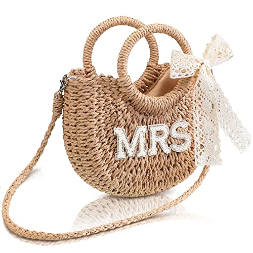 Image of Pinkunn Bride Gift Bride Straw Purse Mrs Handwoven Bag Rhinestone Letter Bag Bachelorette Honeymoon Wedding Bridal Shower