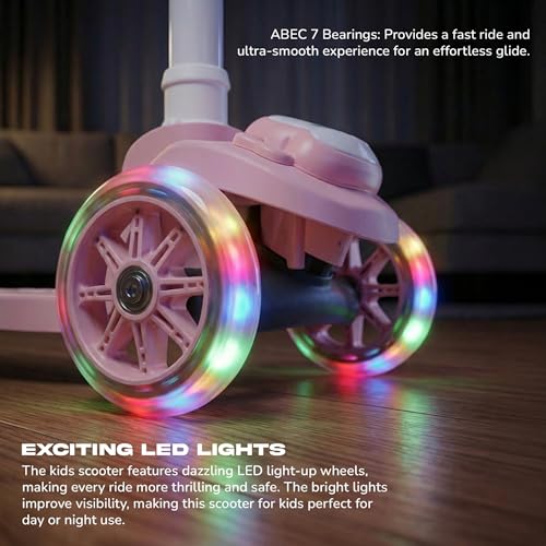 Image of Baybee Rovix Kick Scooter for Kids | Foldable Skate Scooter with 3 Height Adjustment Handle & LED Light Wheels | 3 Wheel Baby Scooter with Rear Brake | Kids Scooter for 2 to 10 Years Boy Girl (Pink)