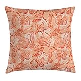 Ambesonne Coral Throw Pillow Cushion Cover, Nautical Marine Sea Mix Group with Seahorse Shells and Starfish Ocean Summer Theme, Decorative Square Accent Pillow Case, 16' X 16', Salmon