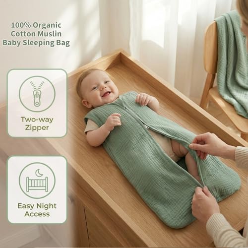 Image of BSTOPPT 2 Pack Baby Sleep Sack 0-6 Months 100% Organic Cotton Muslin Baby Sleeping Bag 2-Way Zipper Wearable Blankets TOG 0.3 (Green & Leafy Cherry, Small)