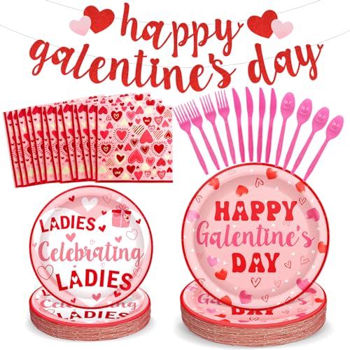 164PCS Galentines Day Decorations Galentines Day Plates and Napkins Galentines Decor with Happy Galentines Day Banner Galentines Decorations