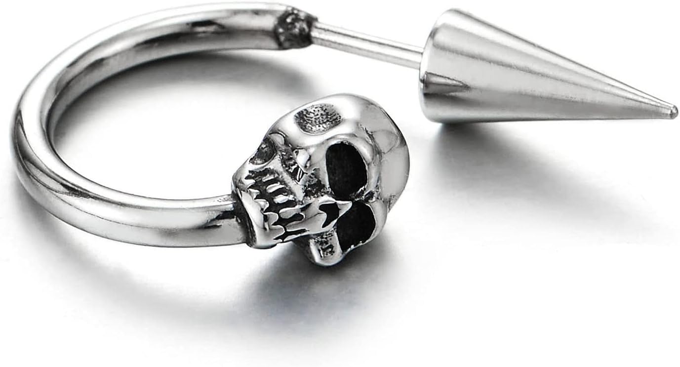 Half Hoop Skull Stud Earrings for Man Women, Stainless Steel, Spiked Screw Back, 2 pcs - Image 3