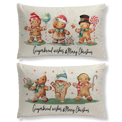 2Pcs Christmas Gingerbread Pillow Covers, Vintage Winter Pillowcase Decor, Xmas Decorations for Home Farmhouse Sofa Couch