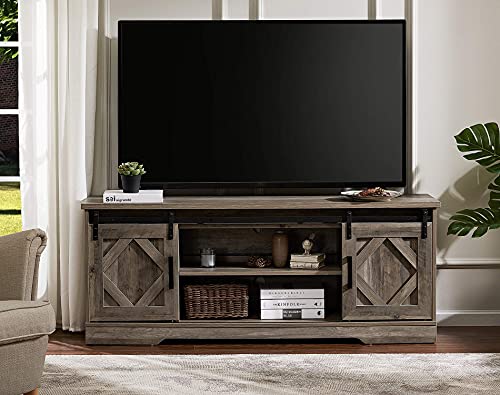 Image of WAMPAT Farmhouse Style TV Stand for 55-65 inch TV w /Distressed Wood Finish