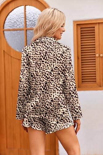 Image of Ekouaer Womens Satin Pajama Sets Long Sleeve Top and Shorts Lounge Set Button Down Sleepwear
