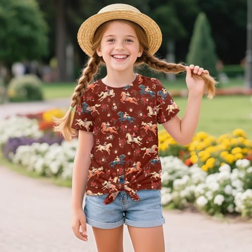 Girls Summer Short Sleeves Tie Knot Front Tops Lightweight Crewneck T-Shirts for Holiday Park Age 5-12 Years4