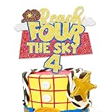 Glitter Reach Four the Sky Birthday Cake Topper Cartoon Story 4th Bday Decorations Blue Sky Clouds 4th Birthday Party Supplies for Boys