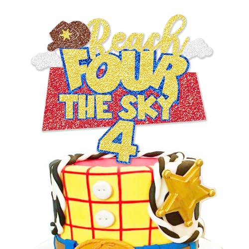 Glitter Reach Four the Sky Birthday Cake Topper Cartoon Story 4th Bday Decorations Blue Sky Clouds 4th Birthday Party Supplies for Boys