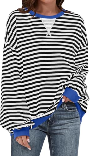 Image of UEU Women Oversized Striped Crewneck Sweatshirt Long Sleeve Color Block Pullover Tops Casual Loose Workout Shirt