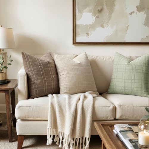 Image of MIULEE Decorative Linen Check Throw Pillow Covers Neutral Farmhouse Vintage Pillow Covers 20x20 Set of 2 Boho Modern Home Decor for Sofa Couch Bedroom Cushion Seeding Green