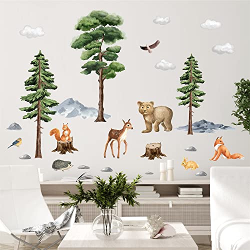 Jungle Animals Wall Decals,Cartoon Animals Wall Stickers,Watercolor Tree Animal Wall Stickers,Nursery Wall Decor Woodland Wall Decals,Bear Forest Animal Wall Decal For Kids Room Bedroom Playroom Decor #TOP7