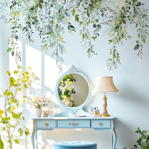 VePret Green Plants Leaves Wall Decals Peel and Stick, Large Floral Flowers Wall Stickers, Removable Vine Home Decor Art for Bedroom Living Room Classroom Office