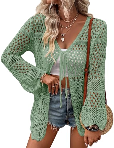 Cardigan da donna all'uncinetto leggero a maniche lunghe con nodo anteriore scava fuori sottile cardigan, Verde salvia., XL