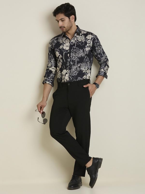 Image of MARK & ALBERT Men's Printed Full Sleeves Regular Fit Shirt Blue | 100% Cotton Stretchable Fabric