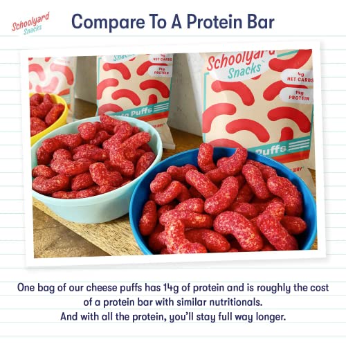 Schoolyard Snacks Low Carb Protein Puffs (12 Pack, Fiery Hot) - Keto Chips, High Protein Snacks - Low Sugar And Calories, 14G Protein, Gluten & Grain Free #TOP3