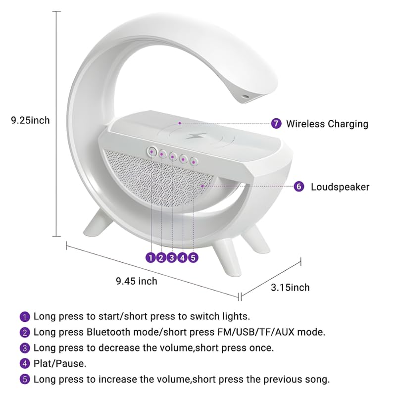 Image of Elevea 𝟏𝟓 𝐘𝐞𝐚𝐫𝐬 𝐆𝐮𝐚𝐫𝐚𝐧𝐭𝐞𝐞 wireless Bluetooth speaker with RGB lighting, USB SD playback, wireless phone charging dock, compact G-shaped design, perfect music charging combo for bedroom