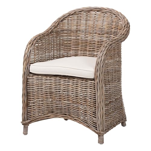 Bali & pari Amanda Natural Rattan Armchair – Handwoven Wicker Barrel Chair with Removable Cushion, Coastal Boho Style Accent Seating