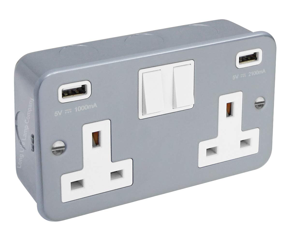 13 Amp Metal Clad Socket 2 Gang Switched Socket 250v with Dual USB Charger