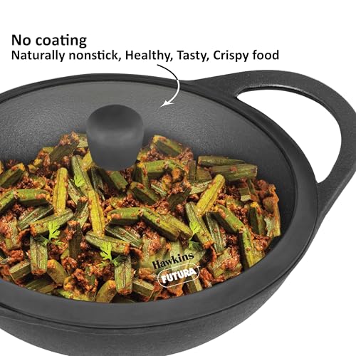 Image of Hawkins Futura 3.5 Litre Cast Iron Kadhai, Naturally Nonstick Cast Iron Kadai with Glass Lid, Cast Iron Cookware for Kitchen, Black (CIK35G)