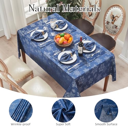 Rectangle Fancy Metallic Sparkling Snowflake Christmas Fabric Table Cloth red Hunter Gold Navy White Silver No-Iron Soil Resistant Woven Holiday Table Cover(Navy Silver/52x70Inch) – Image 4