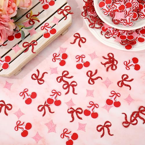 Image of Whaline 300 Pcs Coquette Table Confetti Red Bow Cherry Star Confetti Glitter Table Centerpieces for Birthday Baby Shower Party Decoration