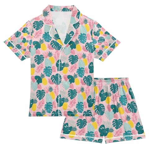 senya Monstera Deliciosa Pineapple Satin Summer Pajama Sets Silk Short Sleeve Button Down Sleepwear