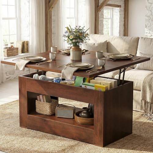 UNIQUITE 40 Lift Top Coffee Table 4 in 1 Multi-Function Lift Coffee Tables with Storage and Hidden Compartment Convertible Wood Coffee Tables to Dining Table for Living Room Walnut