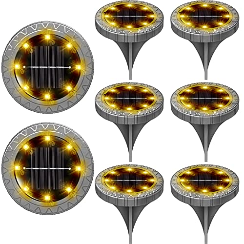 Solar Ground Lights 8 Pack,Solar Lights Outdoor IP68 Waterproof,Solar Garden Lights Decorative,Solar Yard Light Lawn Fence Porch Patio Decor,Solar Disk Pathway Lights Landscape LED Lighting Warm White