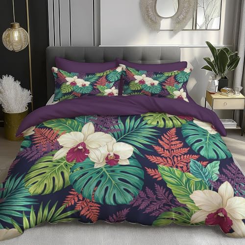 Housse de couette vert microfine motif feuilles d'orchidée tropicale
