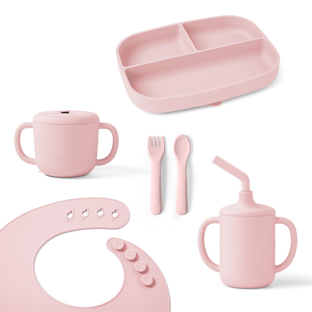 Ergobaby Set di stoviglie Deluxe per neonati e bambini a partire da 6 mesi, set pappa per bambini con 2 tazze, vassoio, bavaglino e posate, senza BPA, PVC e ftalati, Blush Pink