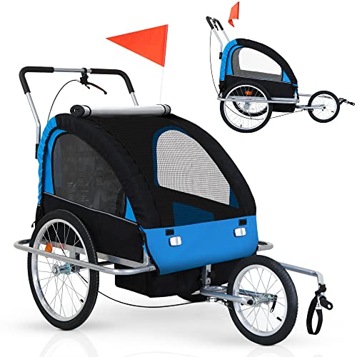 Jago® Fahrradanhänger - Für 2 Kinder, Klappbar, mit Kupplung, Fahne, Bremse, Vorderrad, 5-Punkt Sicherheitsgurt, Blau - Kinderanhänger, Kinderfahrradanhänger, Hundeanhänger, Lastenanhänger, Jogger