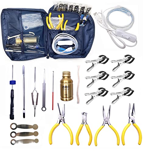 Jiayouy 20Pcs Flute Tool Kit, Professional Flute Repairing Maintenance Tool Kit With Carry Bag, Led Leak Light, Key Cover Adjusting Tool, Key Indentation Clip, Pliers, Alcohol Lamp Burner #TOP22