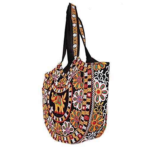 Image of Craft Trade Tote Bag for Women | Embroidered Cotton Shoulder Bag with Elephant Design & Zip Closure - 36x30x12 CM