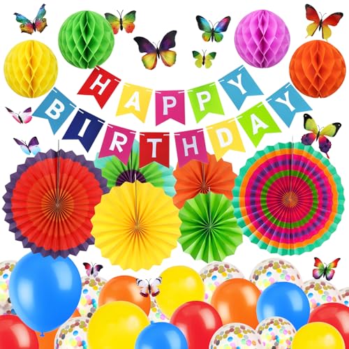 Zerodeco Verjaardagsdecoratie, meerkleurig, Happy Birthday bancartas met papier, poms, papier, waaier en 20 stuks globos van Fiesta Para Decoración de Fiesta