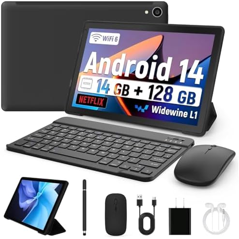 Whitedeer 10 inch Tablet Android 14, 14GB+128GB/2TB Expanded, Octa-Core Tablets, 800 * 1280 HD丨WiFi 6丨BT 5.0丨5000mAh丨5MP+8MP, Widevine L1, Tab with Keyboard丨Mouse丨Stylus丨Tablet Case丨 Headphone(Black)