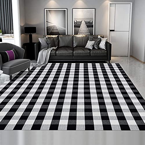 SEEKSEE 100% Cotton Buffalo Plaid Rug 8'x10' Black and White Retro Lattice Checkered Outdoor Rug Washable Hand-Woven Area Rug for Living Room, Kitchen, Dining Room, Bedroom