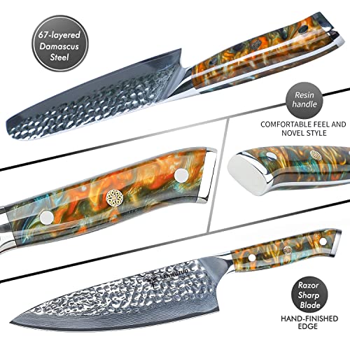 SANMUZUO Kitchen Damascus Knife Set with Block 7 Piece Block Knives