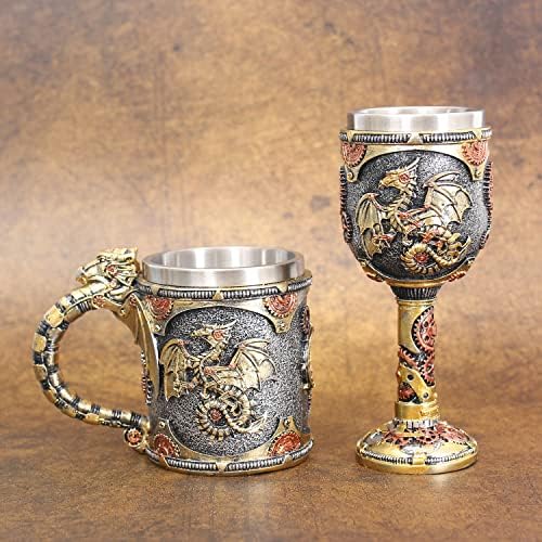 OTARTU Vintage Stainless Steel Medieval Steampunk Dragon Coffee Mug, Dungeons and Dragons Gear Cyborg Gold Dragon Beer Stein Tankard,Gift for Men Fathers Day