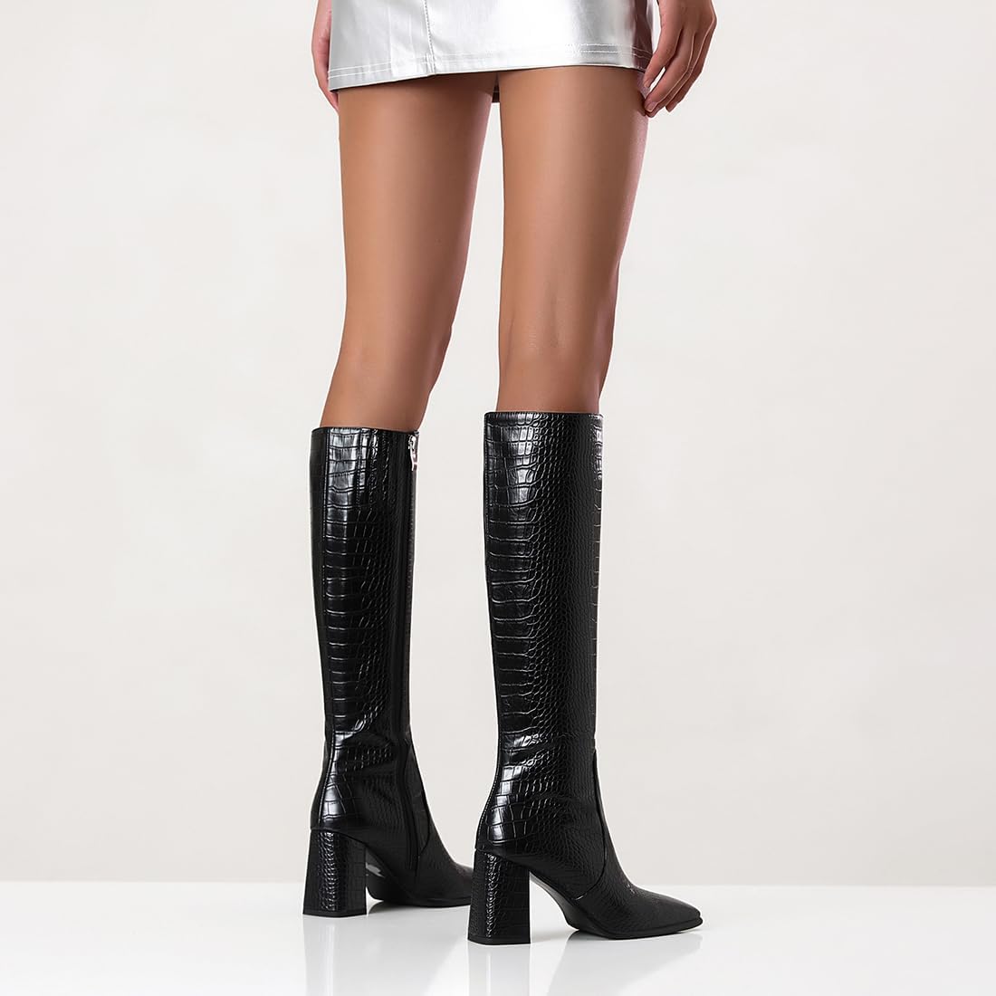 Knee High Boots Women Fall Boots Square Toe Faux Leather Tall Boots Chunky Heel Womens Dress Shoes - Image 2