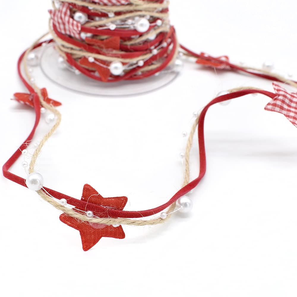 Cinta de perlas de 5 m para árbol de Navidad, regalo con decoración de yute, cinta de Navidad a cuadros rojos, cintas de perlas, guirnalda, decoración, manualidades, costura y embalaje