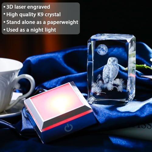 Image of 3D Laser Etched Crystal Owl Night Light - Color-Changing LED Base, K9 Crystal Paperweight & Home Decor Gift for Owl Lovers - 3.15inch