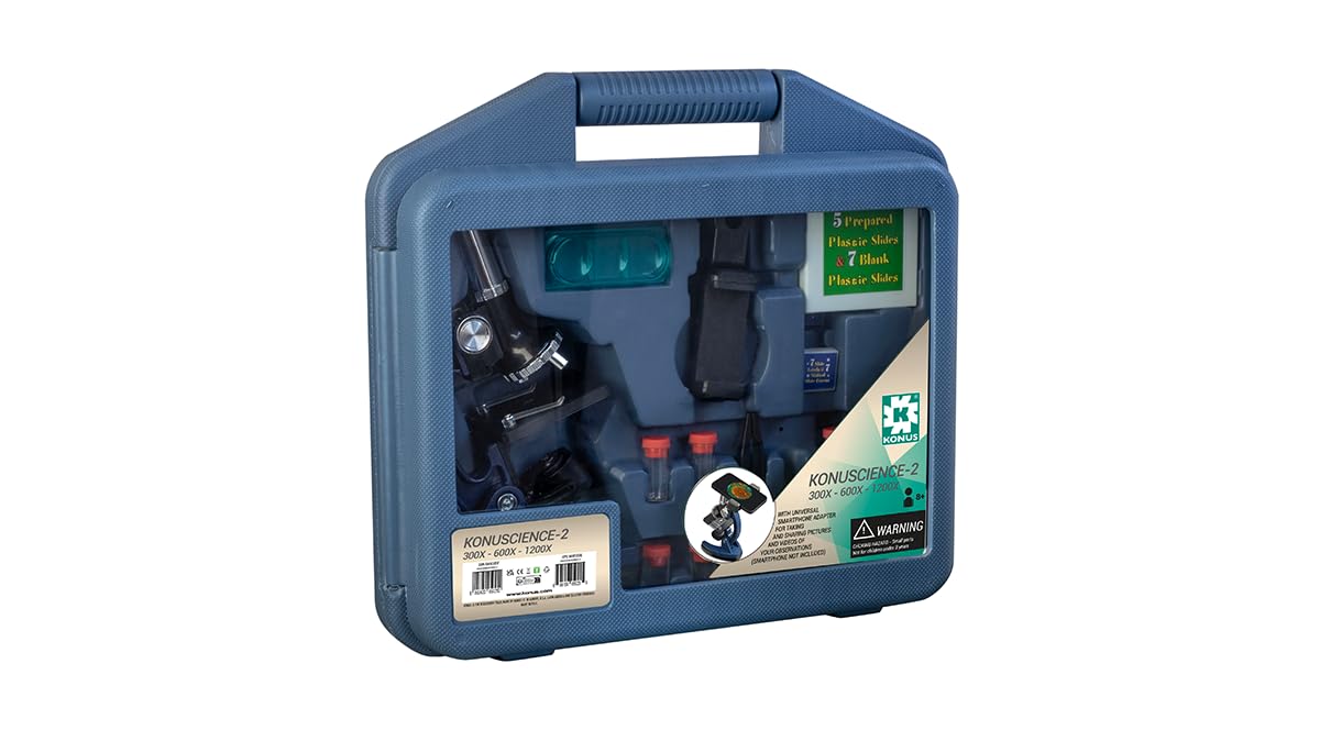 KONUS | KONUSCIENCE-2 Microscopio con Zoom fino a 1200x con Accessori - Vetrini, Coprivetrini, Fiale di Raccolta Campioni, Adattatore per Smartphone